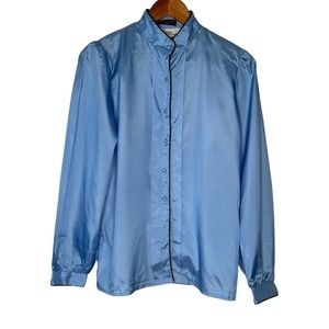 Vintage Susan Van Heusen Womens Mandarin Collar Light Blue Long Sleeve Blouse 10